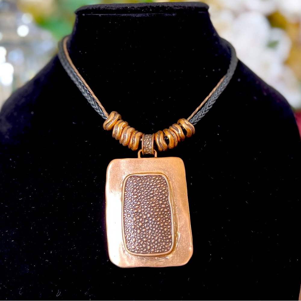 Chico’s 15 inch Brass Pendant on Black Braided Cord Necklace w/Extender